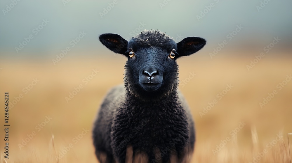 Poster adorable black sheep looking directly at the camera in a serene countryside setting : generative ai