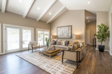 Fototapeta premium Spacious open-concept living area with high ceilings and stylish decor