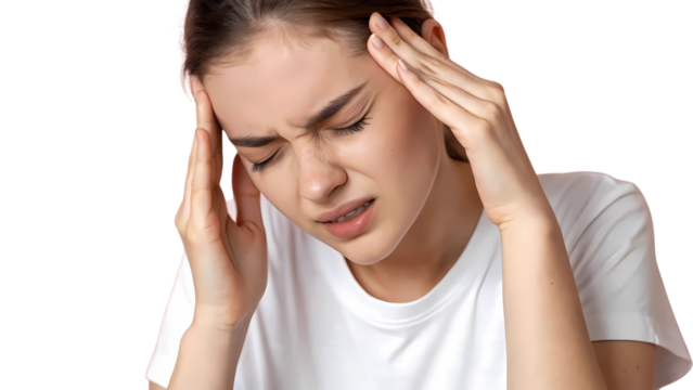 young woman with headache sad face and pain stress 