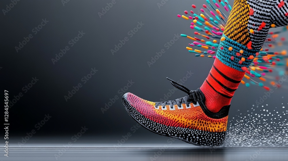 Poster vibrant running shoe in motion with colorful elements exploding
