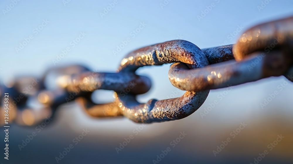 Poster Close up image of a rusty metal chain link with a blurred background showcasing its texture and color details : Generative AI