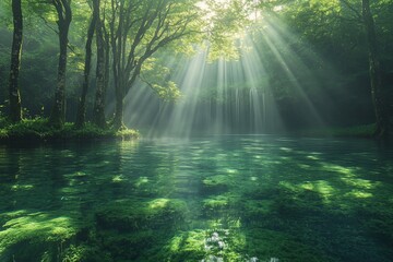 Obraz premium Sunlight streams through forest canopy onto tranquil emerald pool