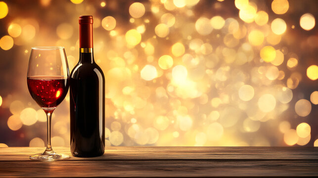 Elegant glass and bottle of red wine standing on wooden table with golden bokeh background, perfect for celebrating special occasions