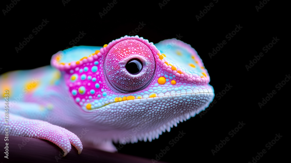 Poster colorful gecko displays bright patterns against a dark background in a close-up view highlighting un