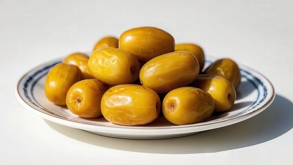 A plate of fresh dates, a popular fruit snack. The dates are a light yellowish-brown and plump.
