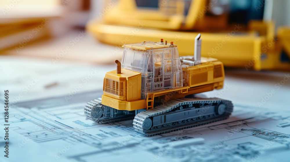 Poster construction blueprint with small yellow toy bulldozer, representing planning and preliminary stages