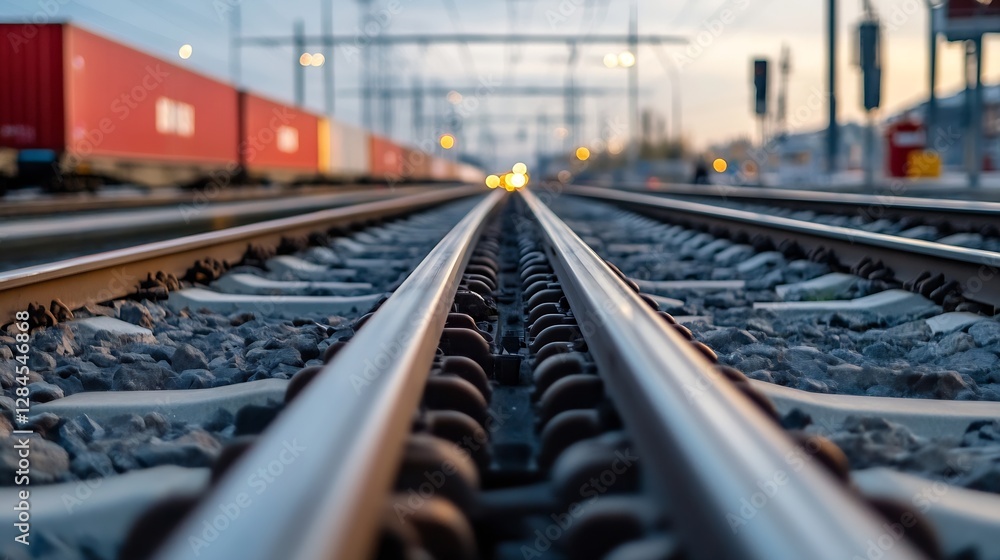 Poster Close Up View of Railroad Tracks with Trains in the Distance at Golden Hour : Generative AI