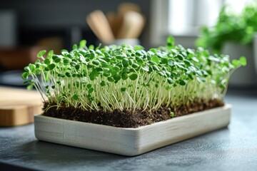 Fresh microgreens growing in a kitchen setting providing a healthy addition to meals