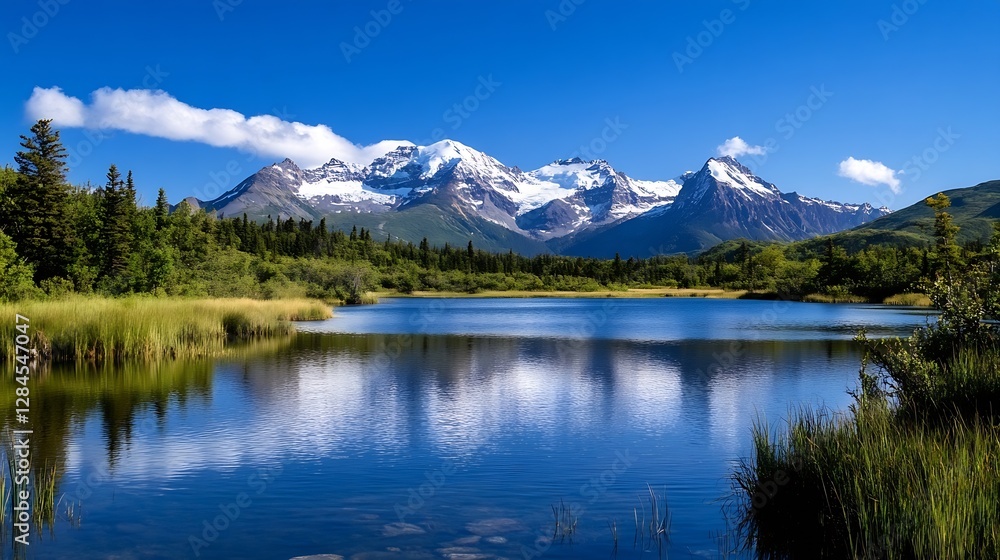 Poster breathtaking view of majestic mountains reflected in a calm lake : generative ai