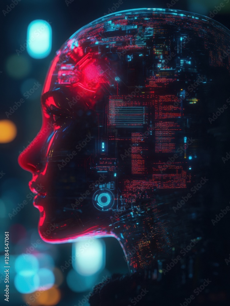 Poster side profile of a futuristic human head showcasing mechanical structures and glowing robotic eye in 