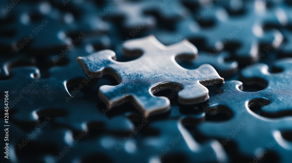 Poster Closeup of a single puzzle piece set on dark jigsaw pieces showcasing detail and texture : Generative AI