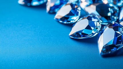 Close-up view of sparkling blue gemstone arranged on a smooth blue surface, highlighting their brilliance