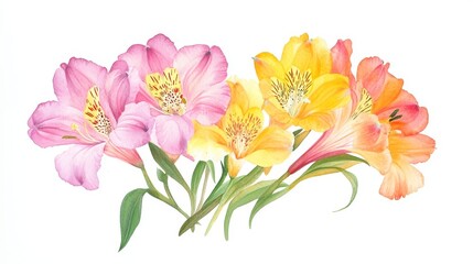 Fototapeta premium Elegant watercolor illustration of vibrant alstroemeria flowers in pink, yellow, and orange hues showcasing their natural beauty