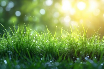 Obraz premium Dew-kissed grass glistens under warm sunlight in a tranquil morning landscape