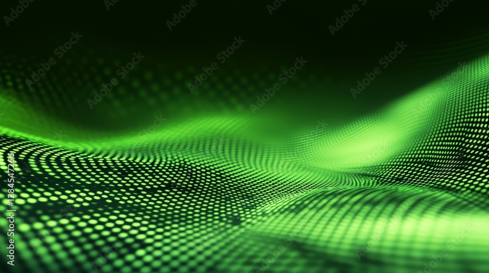 Poster abstract green wave pattern with digital dots creating a flowing texture, ideal for backgrounds