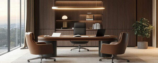 Modern executive office with sleek furniture and natural lighting