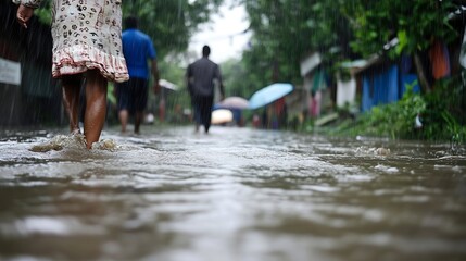 Rainsoaked street scene depicting people walking through puddles in a vibrant neighborhood during a downpour : Generative AI