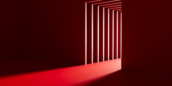 3d render, abstract red geometric background. Bright light going through the door portal inside the empty dark room