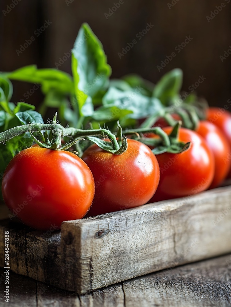 Poster Fresh ripe tomatoes arranged neatly on a rustic wooden table showcasing farm harvest : Generative AI