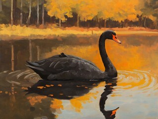 black swan on lake, autumn leaves, golden hour light, tranquil scene, water reflection