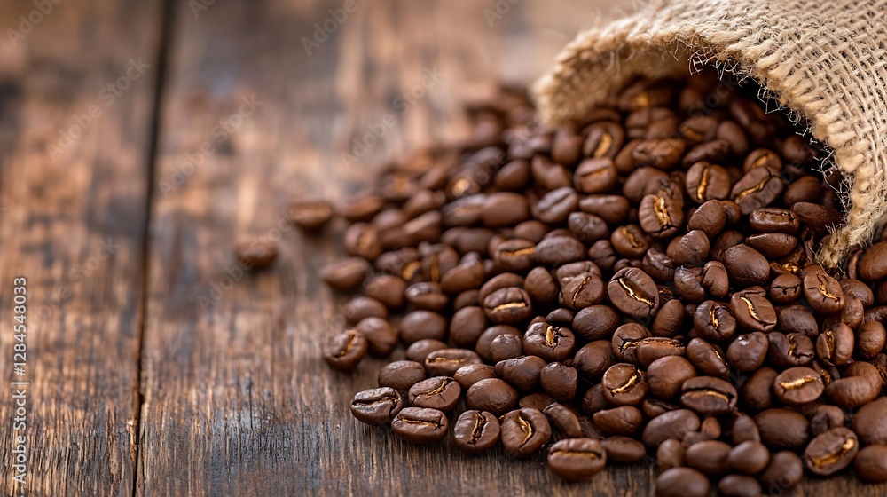 Aufkleber freshly roasted coffee beans spilling out of a burlap sack on a rustic wooden table : generative ai