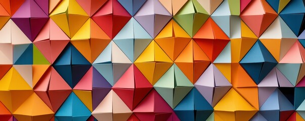 Fototapeta premium Colorful geometric origami art wall with triangle patterns