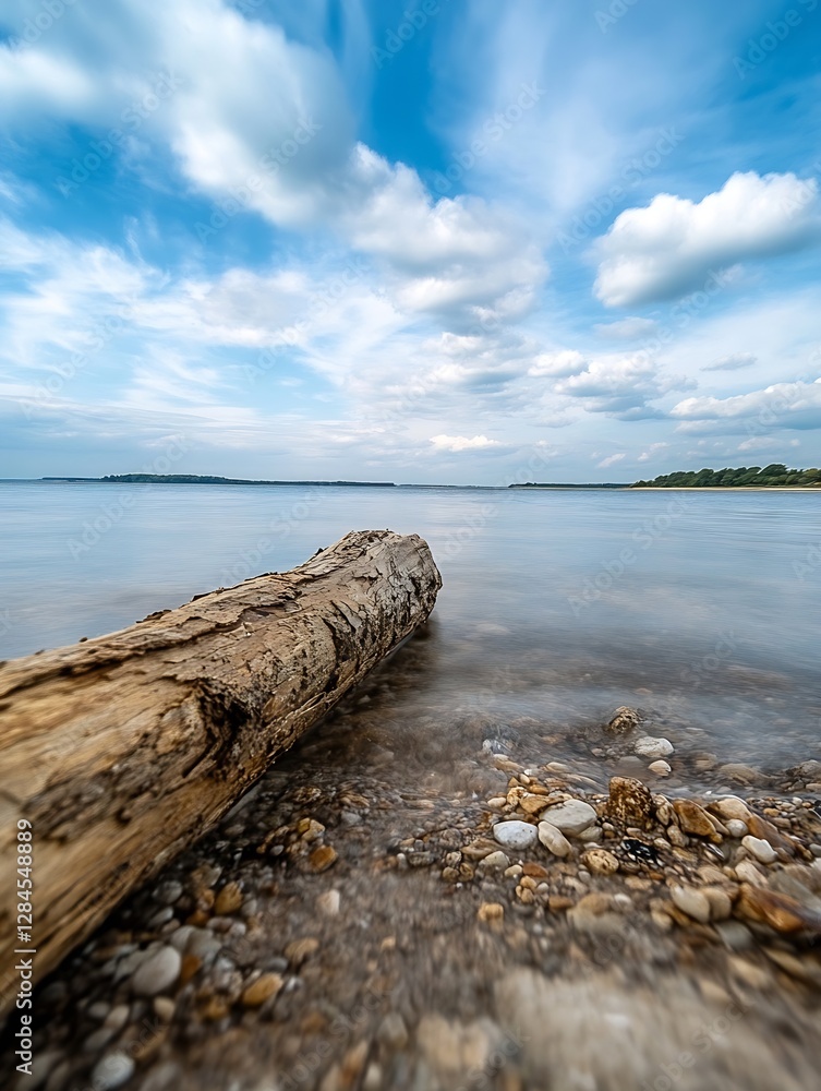 Poster Serene image of a weathered log on a calm lake shore under a vast sky with clouds : Generative AI