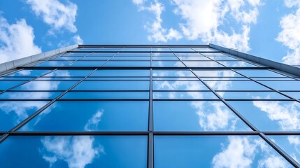 Modern glass building reflecting blue sky and clouds from a unique low angle perspective : Generative AI