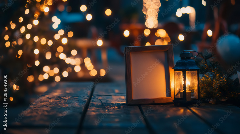 Poster glowing christmas lantern near wooden frame, festive lights creating soft bokeh backdrop