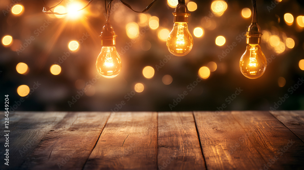 Poster warm light bulbs hanging above an empty wooden table creating a cozy and inviting atmosphere at nigh