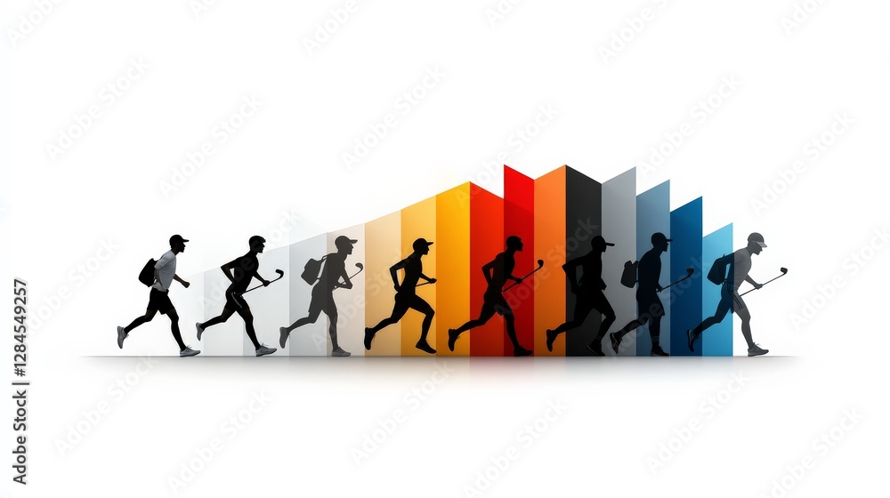 Poster progression of a runner with colorful geometric shapes in background