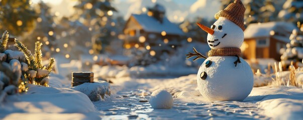 Obraz premium Snowman in winter wonderland with cozy cabin and frosty scenery