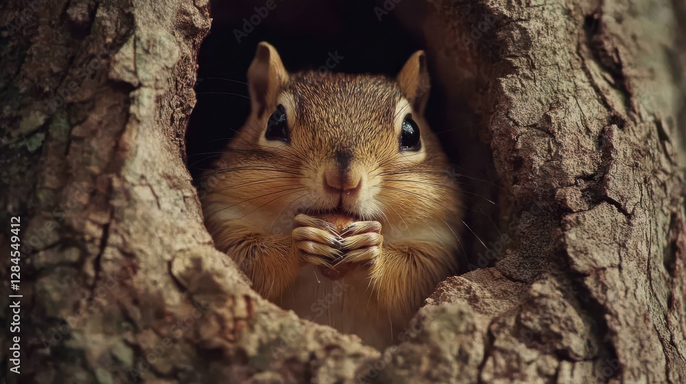 Poster Cute squirrel peeking out from tree trunk with curious expression