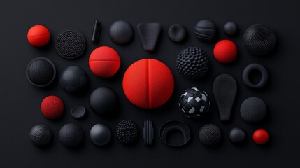 Abstract Arrangement of Black and Red Textured Shapes on Dark Surface