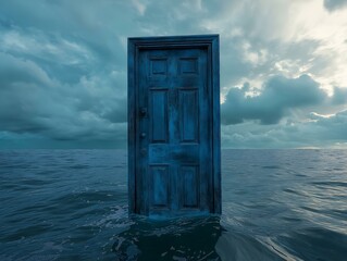 door in ocean, blue door, water, sky, clouds, surreal scene