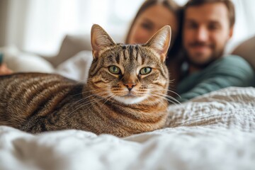 Couple enjoys cozy time at home while their cat relaxes on the bed during a sunny afternoon