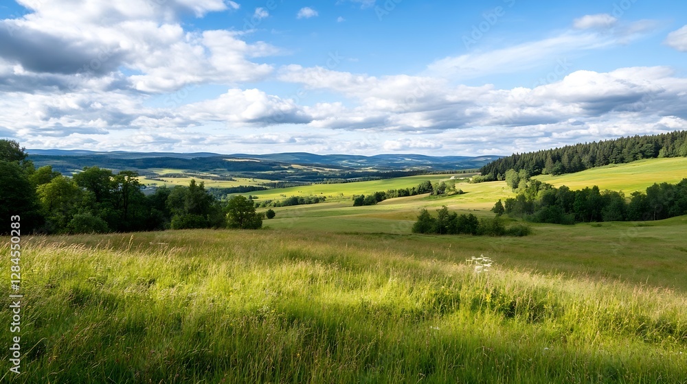 Poster expansive lush green field under a bright blue sky with fluffy clouds : generative ai