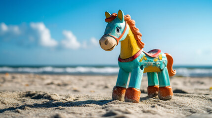 Wooden rocking horse perched on sandy shoreline, ocean waves and azure sky behind