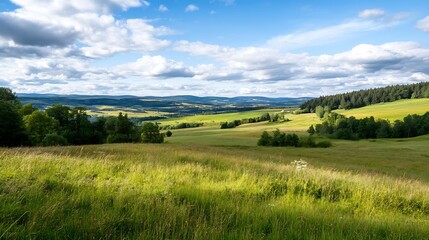 Obraz premium Expansive lush green field under a bright blue sky with fluffy clouds : Generative AI