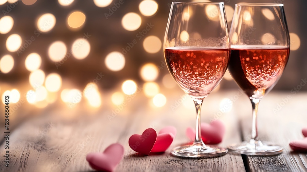 Poster two elegant wine glasses filled with sparkling rose wine amidst blurred lights for a romantic settin