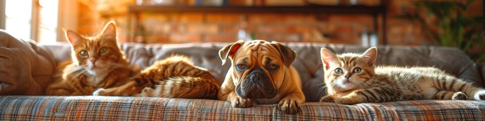 Adorable Pets Relaxing on a Cozy Couch: A heartwarming scene of three cats and a dog enjoying a peaceful moment together.