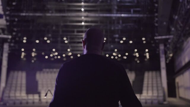 Technician Controls the Wave-Like Movement of the Theater Battens. In Theaters, a Batten, Also Known as a Bar or Pipe, is a Long Metal Pipe Suspended Above the Stage for Things to be Hung