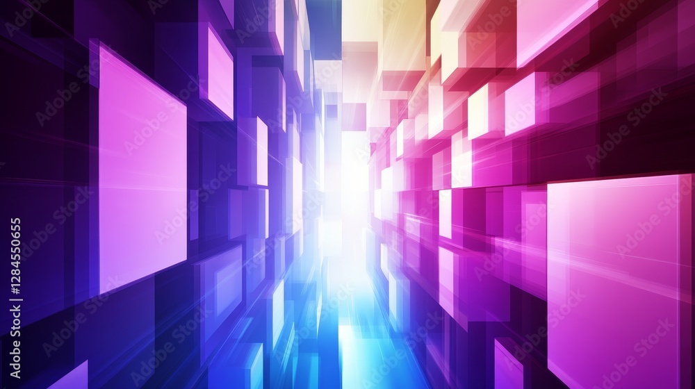 Poster abstract colorful geometric shapes creating a vibrant tunnel effect with light in the background
