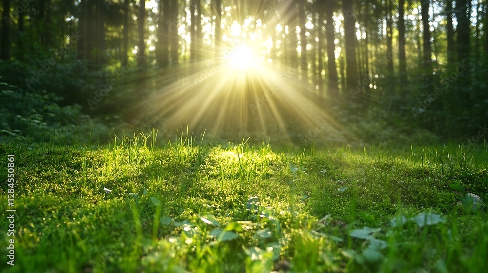 Aufkleber sunlight breaking through forest trees illuminating a lush green landscape : generative ai