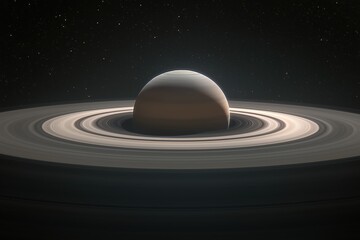 Breathtaking view of Saturn from moon, rings casting shadows in cosmic expanse