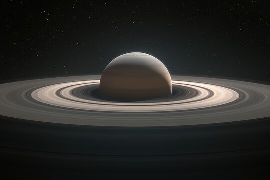 Breathtaking view of Saturn from moon, rings casting shadows in cosmic expanse