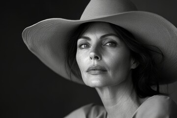 A black and white portrait of a woman wearing a wide-brimmed hat, exuding elegance and maturity.