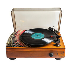 Fototapeta premium A Vintage Record Player's Record in Wooden Case Isolated on Transparent Background