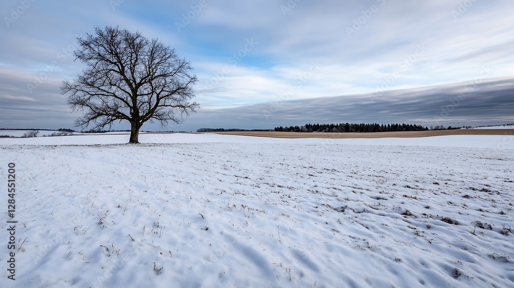 Aufkleber lonely tree standing tall on a vast snowcovered field under a cloudy sky : generative ai