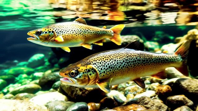 Vibrant Brown Trout Swimming in Clear River Over Rocks Underwater View